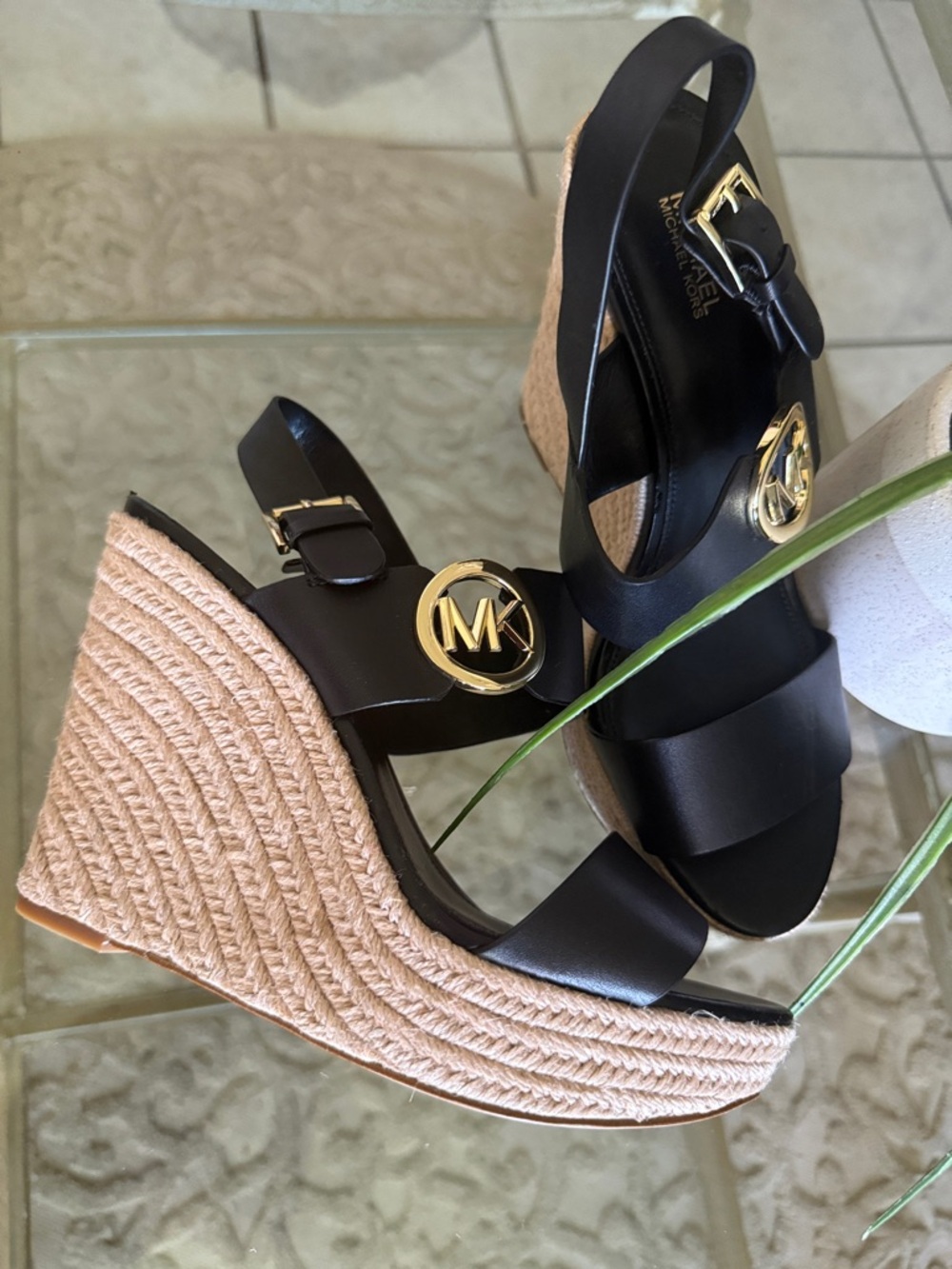Michael Kors Black Leather Espadrille Wedge Sandals with Gold MK Emblem